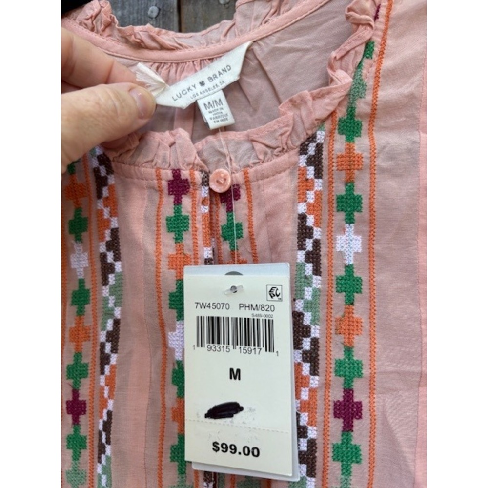 Lucky Brand Embroidered Peasant Blouse Top Pink Multicolor Size M Boho NWT - Picture 3 of 5